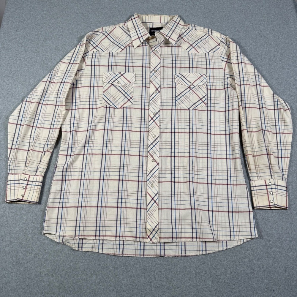 Vintage Wrangler Western Cowboy Snap Shirt 2XLT Tall Plaid Long Sleeve Cream